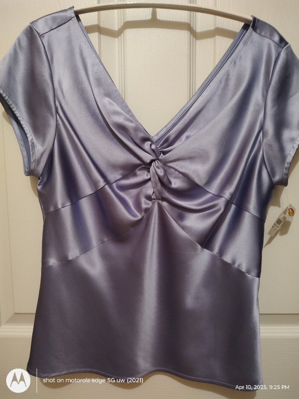 TALBOTS 100% SILK SATIN TOP CAP SLEEVES TWIST KNOT EMPIRE WAIST BIAS CUT BLUE 8